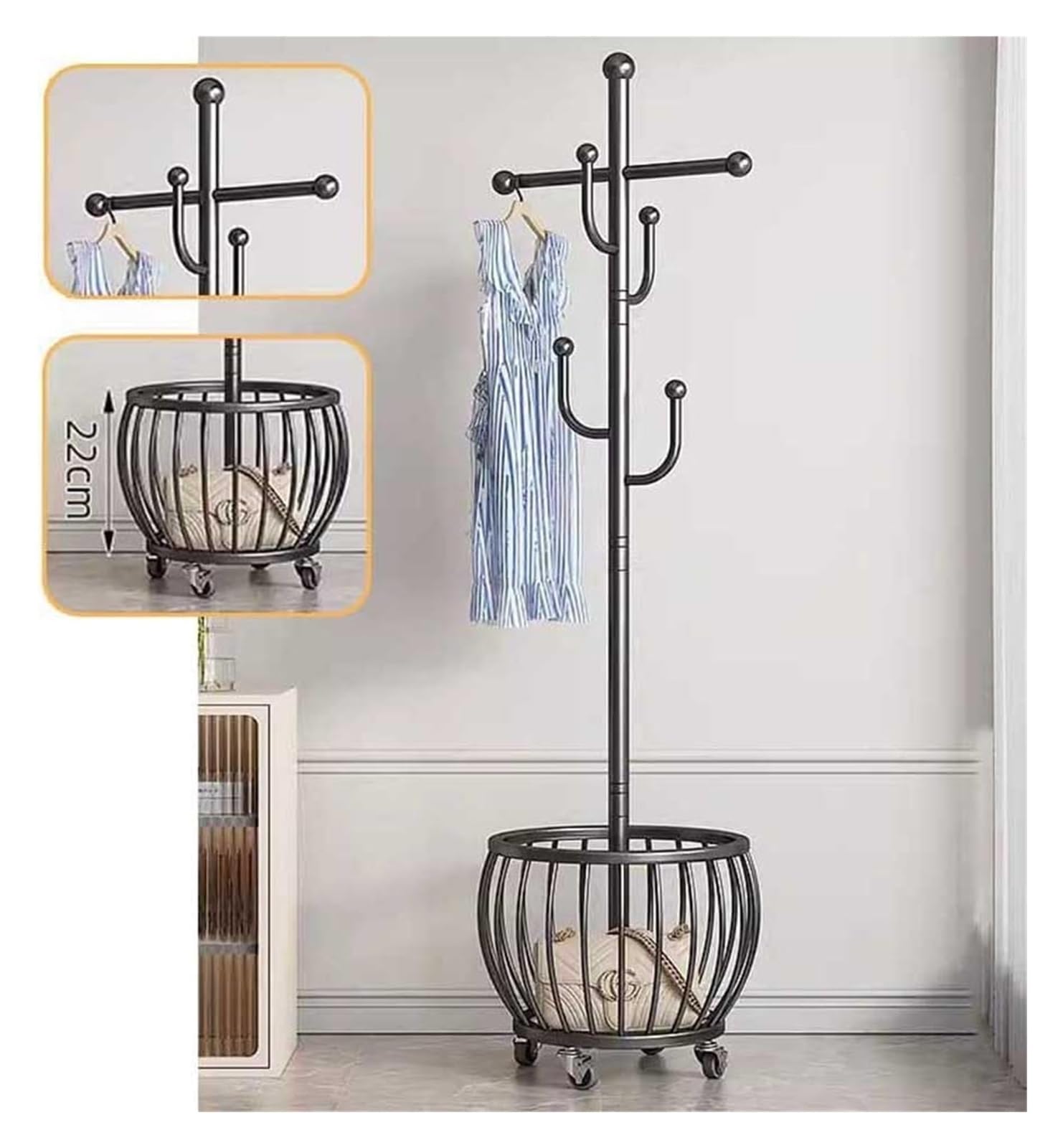 Porte-manteau en métal noir avec roulettes et panier d'angle