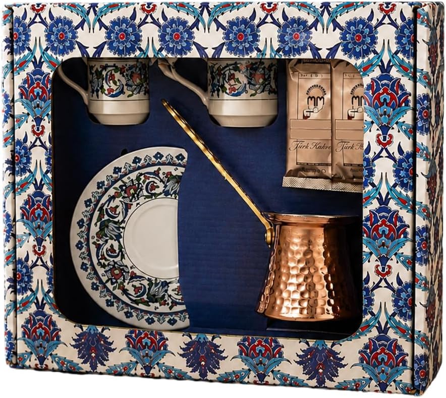 Turkish Coffee Set for 2 with Copper Cezve and Ottoman Porcelain Cups