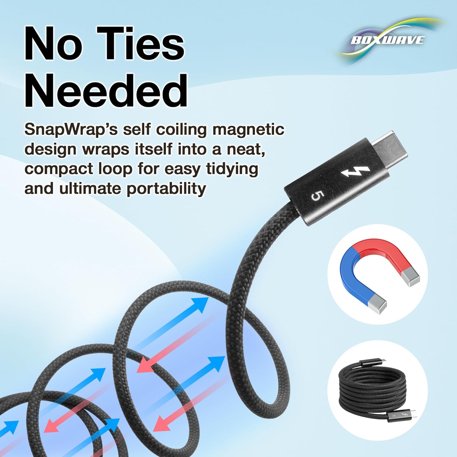 BoxWave Cable Compatible with Unitech EA520 - SnapWrap Thunderbolt 5.0 Cable (5ft 240W), Magnetic Self-Coiling Nylon Braided Retractable - Jet Black