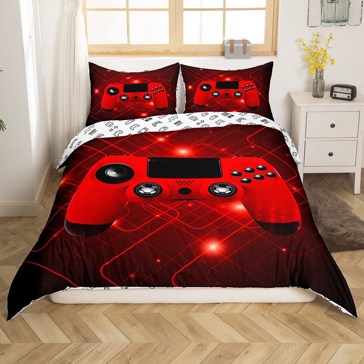 Loussiesd Boys Gamepad Duvet Cover Teens Gamer Video Game Bedding Set Black Game Controller Red Design Comforter Cover For Kids Children Microfiber Bedspread Cover King — image 1