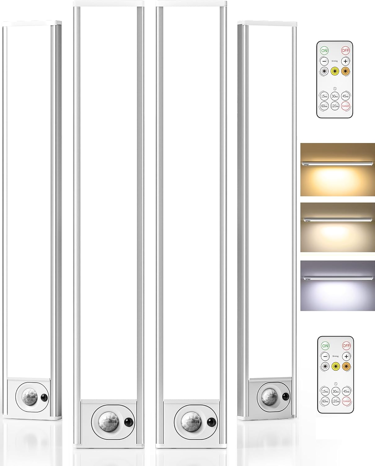 4Pack 12inch Beneath Cupboard Lighting with Distant, 2400mAh USB Rechargeable Battery LED Lights, Sensible Movement Sensor Wi-fi Indoor, Dimmable 3 Shade Temps Closet Mild for Kitchen, Stairs