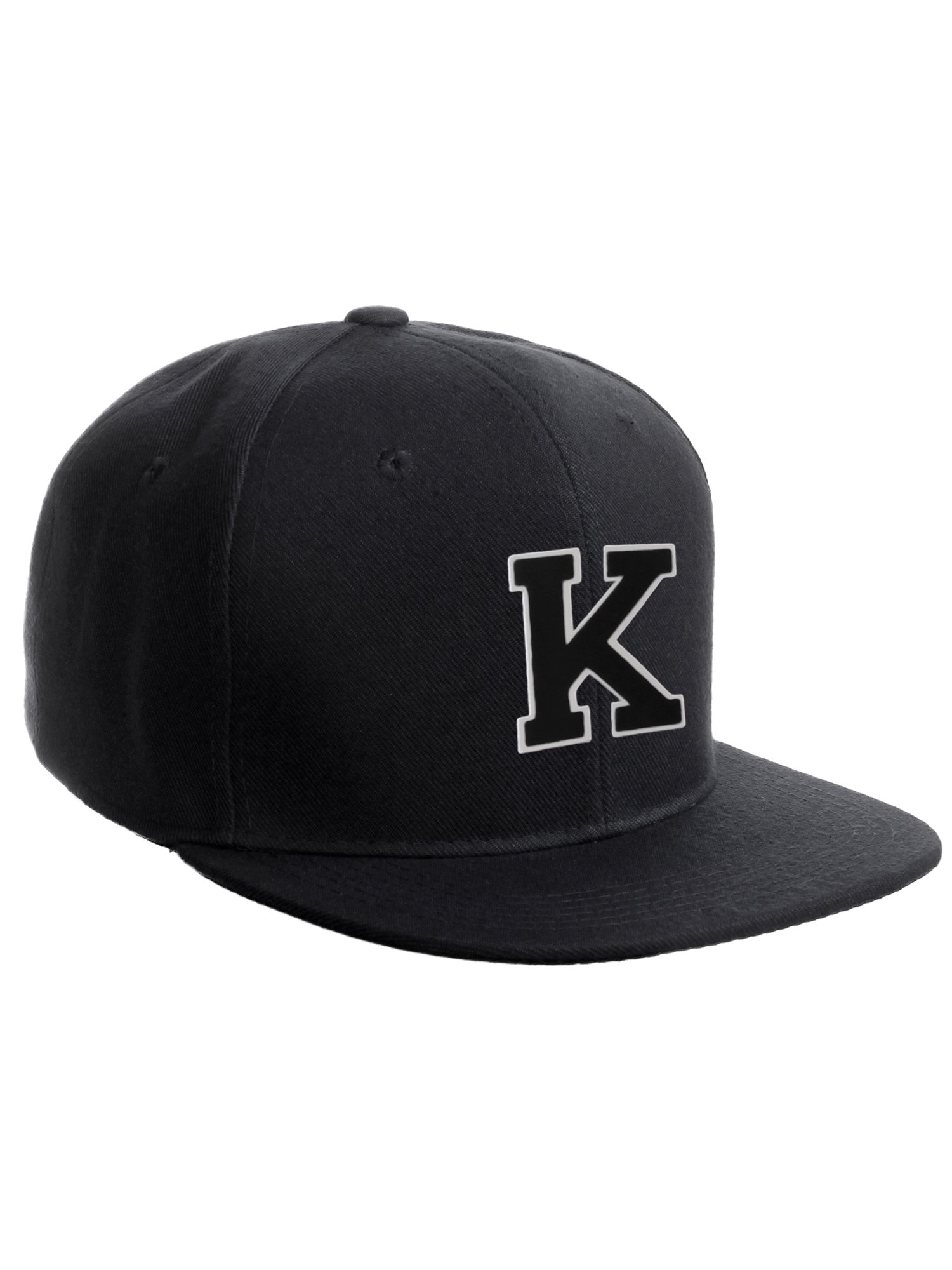 Classic Snapback Hat Custom A to Z Initial Raised Letters, Black Cap White Black