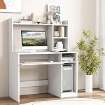 Tangkula White Desk with Hutch &Charging Station, Home Office Desk with Keyboard Tray & CPU Stand, Modern Laptop PC Desk, Space-Saving Writing Study Desk with Bookshelf, Ideal for Dorm Bedroom