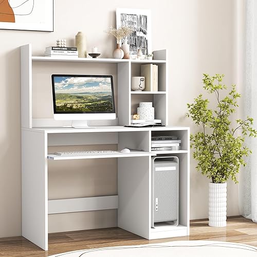 Miniatura 2 de Tangkula Escritorio blanco con gabinete y estación de carga, escritorio de oficina en casa con bandeja para teclado y soporte para CPU, moderno