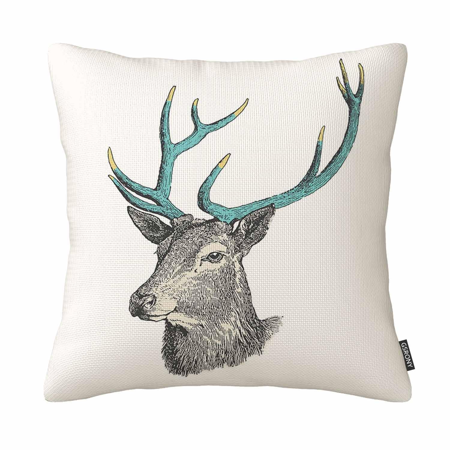 Vintage Retro Elk Green Antlers Cotton Linen Throw Pillow Case Decorative Cushion Cover Pillowcase 18" X 18" Inches โ image 1