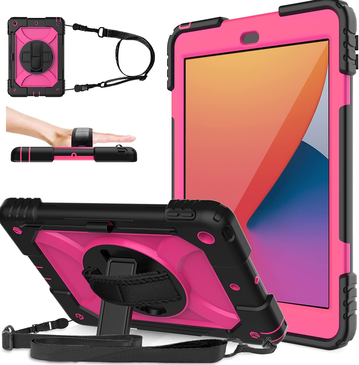 LEDNICEKER iPad 8th Generation case, iPad 7th Generation case, iPad 10.2 case, Three Layer Protective Case with [360 Rotating Stand] [Hand Strap] [Pencil Holder] for iPad 10.2 2020/2019,Black and rose