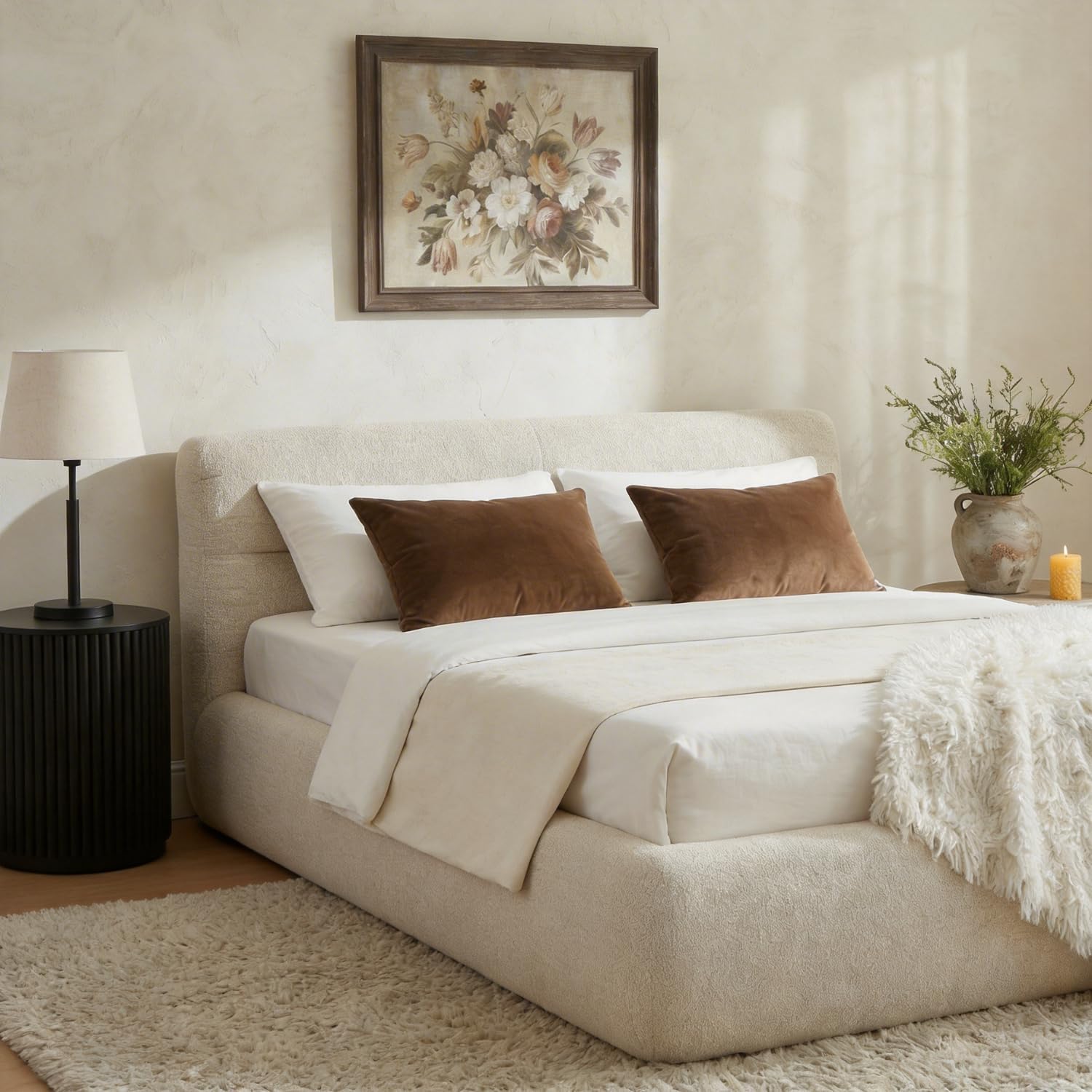 XIAO WEI Full Bed Frame with Headboard, Upholstered Cloud Bed Frame, Anti-Collision Soft Rounded Corners, Boucle Platform Bed, Compressible Chenille Bed for Living Room Apartment, Light Khaki+Beige