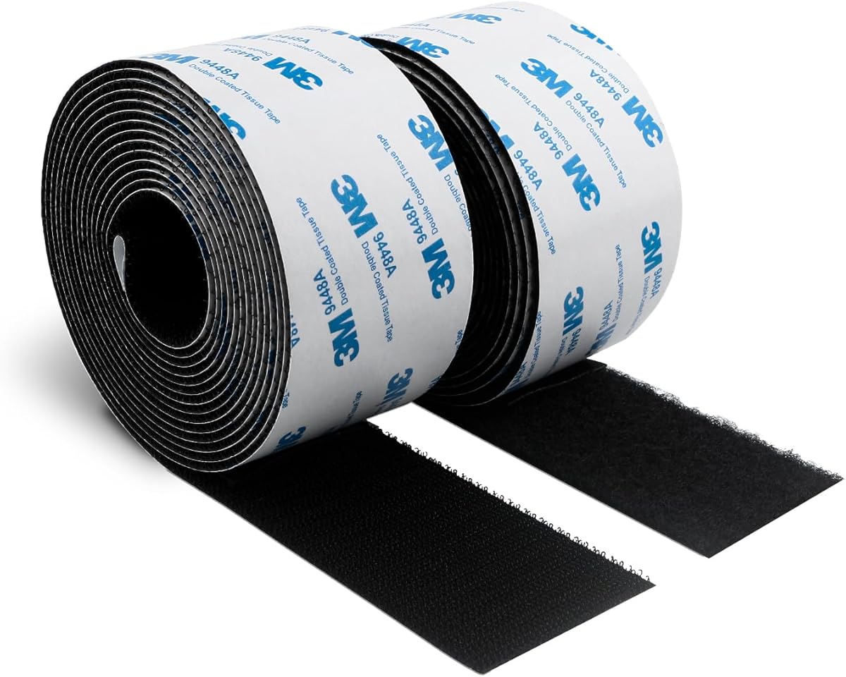 3M Hook and Loop Self Adhesive Tape 2” x 20Ft 9448A Sticky Back Interlocking Nylon Fabric Fastener Heavy Duty Adhesion Strip Tape Black(9448AG)