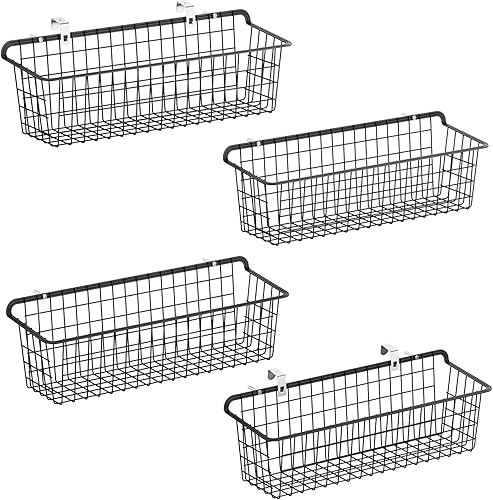 PACKISM Cesta de pared, paquete de 4 cestas de almacenamiento de alambre grandes, versátil, duradero, organizador de baño con ganchos, cestas de