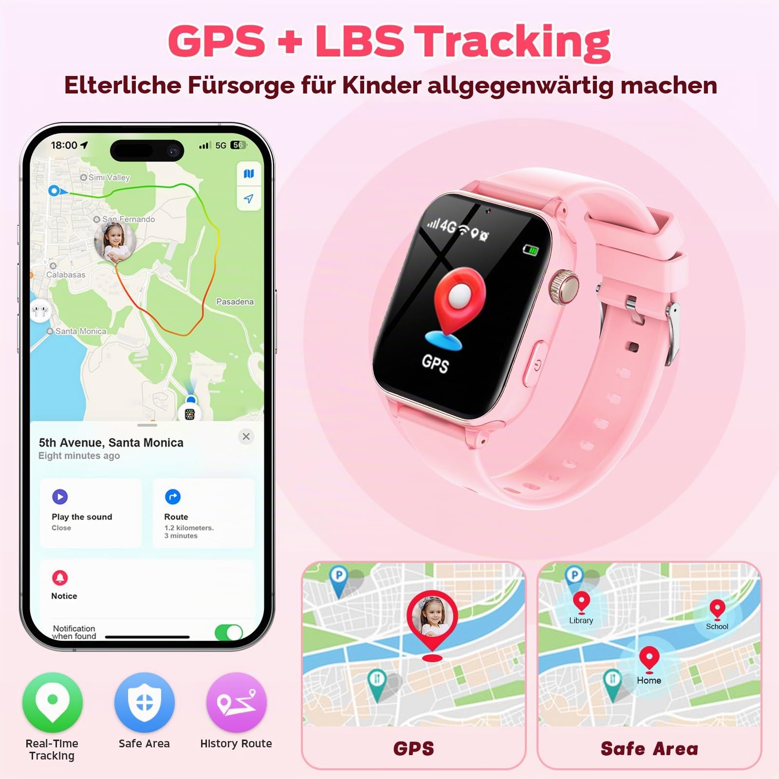 4G Smartwatch Kinder, Kinder Telefonuhr mit Videoanruf, Voice Chat, GPS, SOS, Schulmodus, Wecker, Schrittzähler, Spiele, Smart Watch für Jungen Mädchen Kinderuhr Geschenke 4-12 Jahren (Orangerosa)