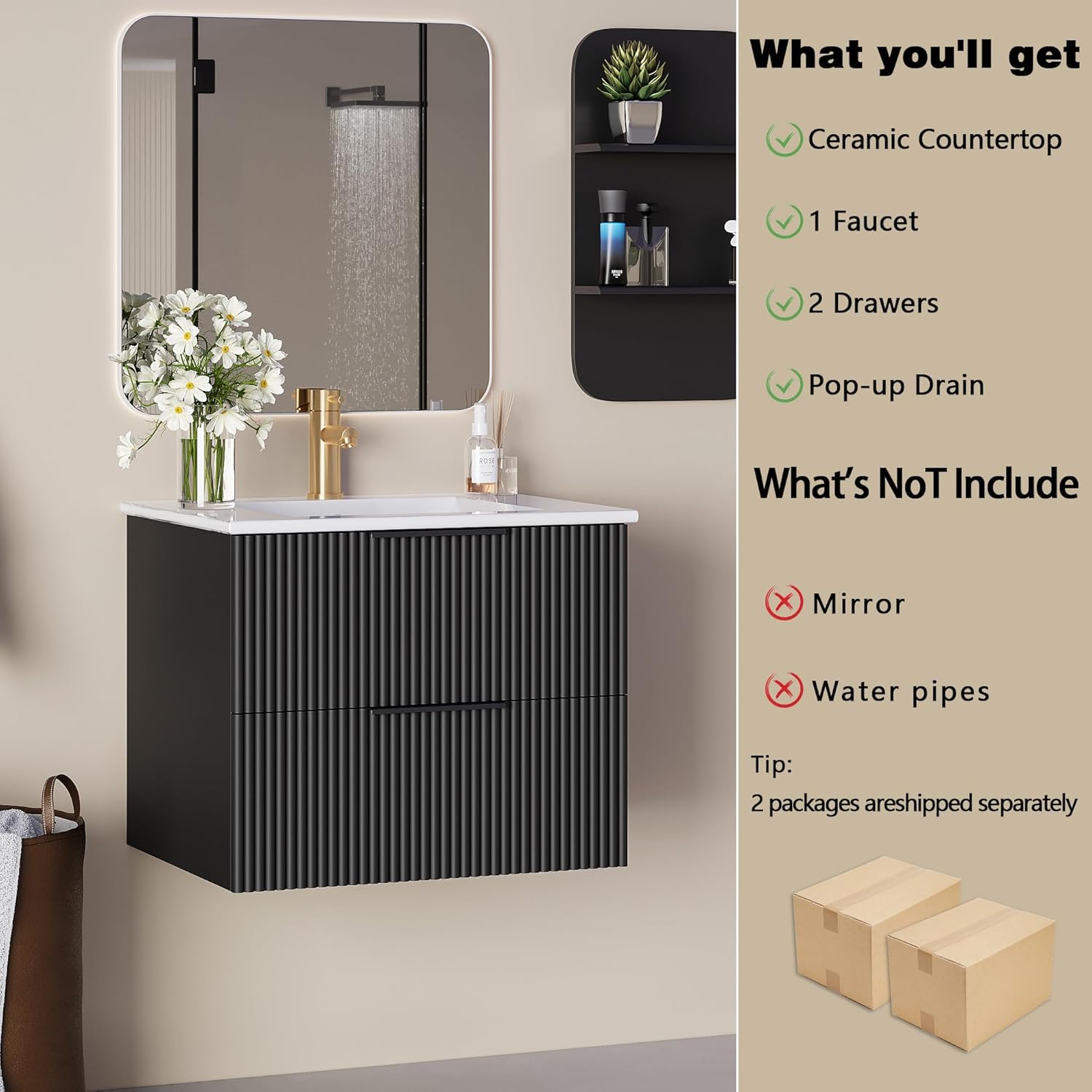 Pipleo 24" Bathroom Vanity Cabinet with Sink and Faucet, Wall Mounted Floating Bathroom Vanity with 2 Big Drawer and Metal Handles (Black, 24")