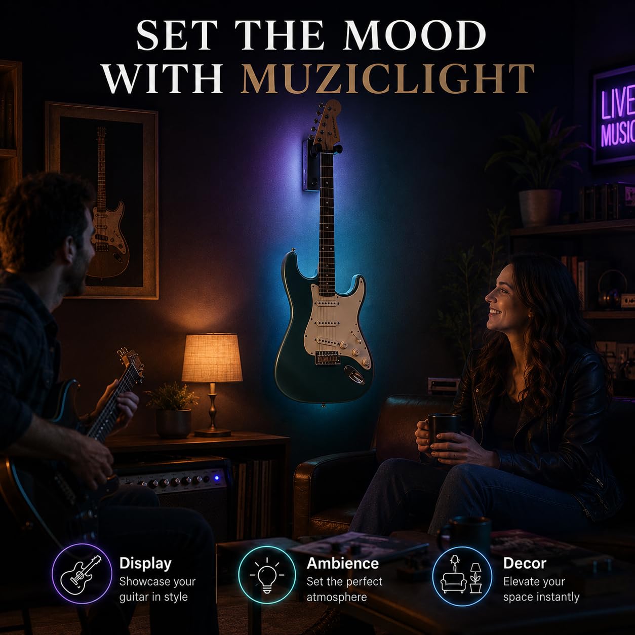 MuzicLight Soporte de pared para guitarra iluminada y soporte de pared para guitarra eléctrica o guitarra acústica con LED para exhibición de guitarra con iluminación ambiental (azul)