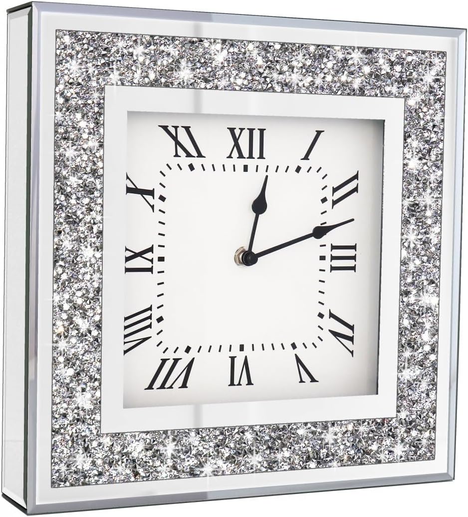 Crystal Crush Diamond Mirrored Square Wall Clock with Sparkle Twinkle Bling Diamond Decor for Wall Decoration, 12x12inch Decorative Silver Mirror Quartz Clock for Home Decor. AA Battery not included