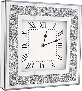 Crystal Crush Diamond Mirrored Square Wall Clock with Sparkle Twinkle Bling Diamond Decor for Wall Decoration, 12x12inch Decorative Silver Mirror Quartz Clock for Home Decor. AA Battery not included