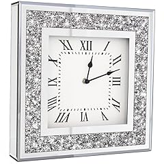 Crystal Crush Diamond Mirrored Square Wall Clock with Sparkle Twinkle Bling Diamond Decor for Wall