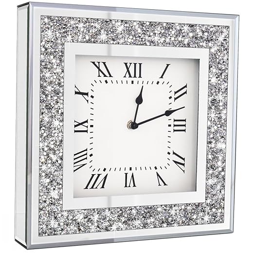 Crystal Crush Diamond Mirrored Square Wall Clock with Sparkle Twinkle Bling Diamond Decor for Wall