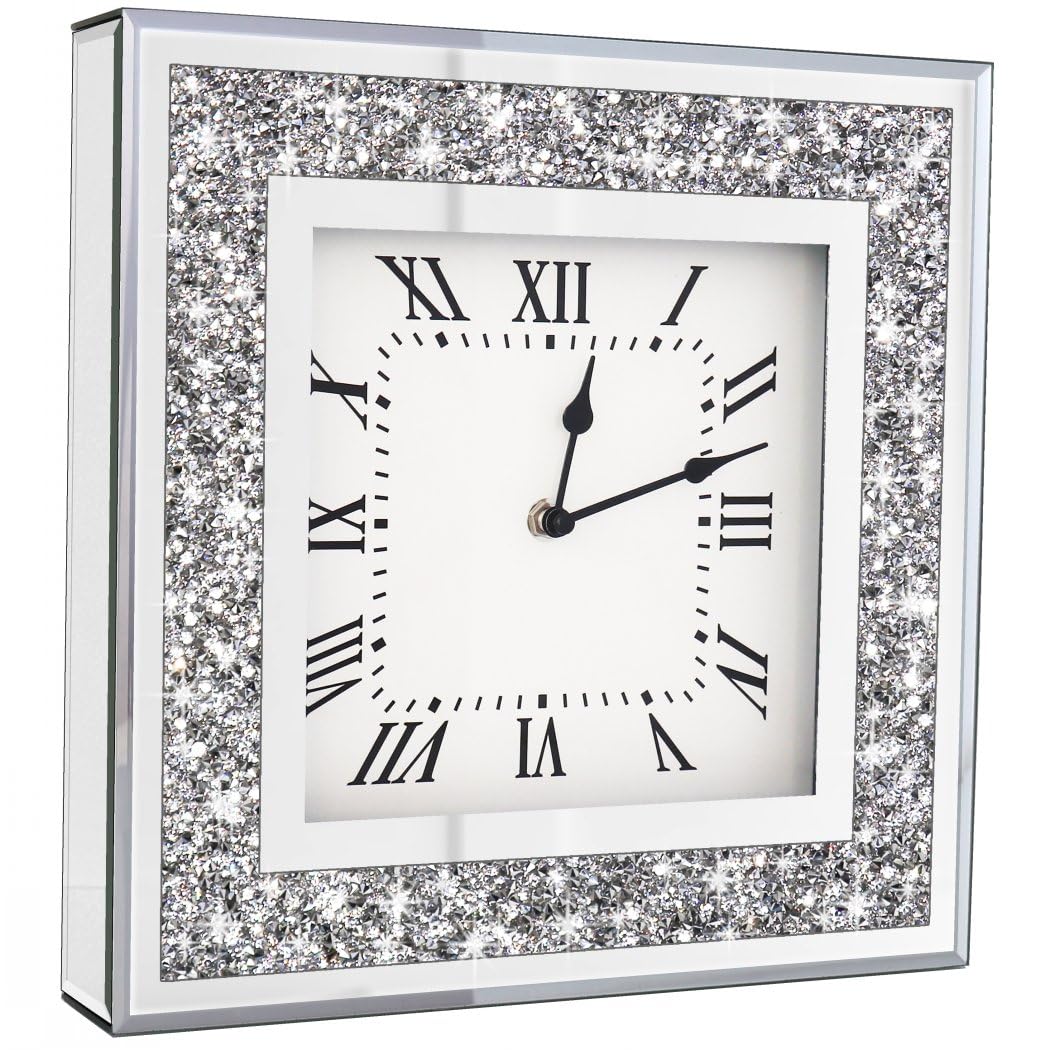 Crystal Crush Diamond Mirrored Square Wall Clock with Sparkle Twinkle Bling Diamond Decor for Wall Decoration, 12x12inch Decorative Silver Mirror Quartz Clock for Home Decor. AA Battery not included