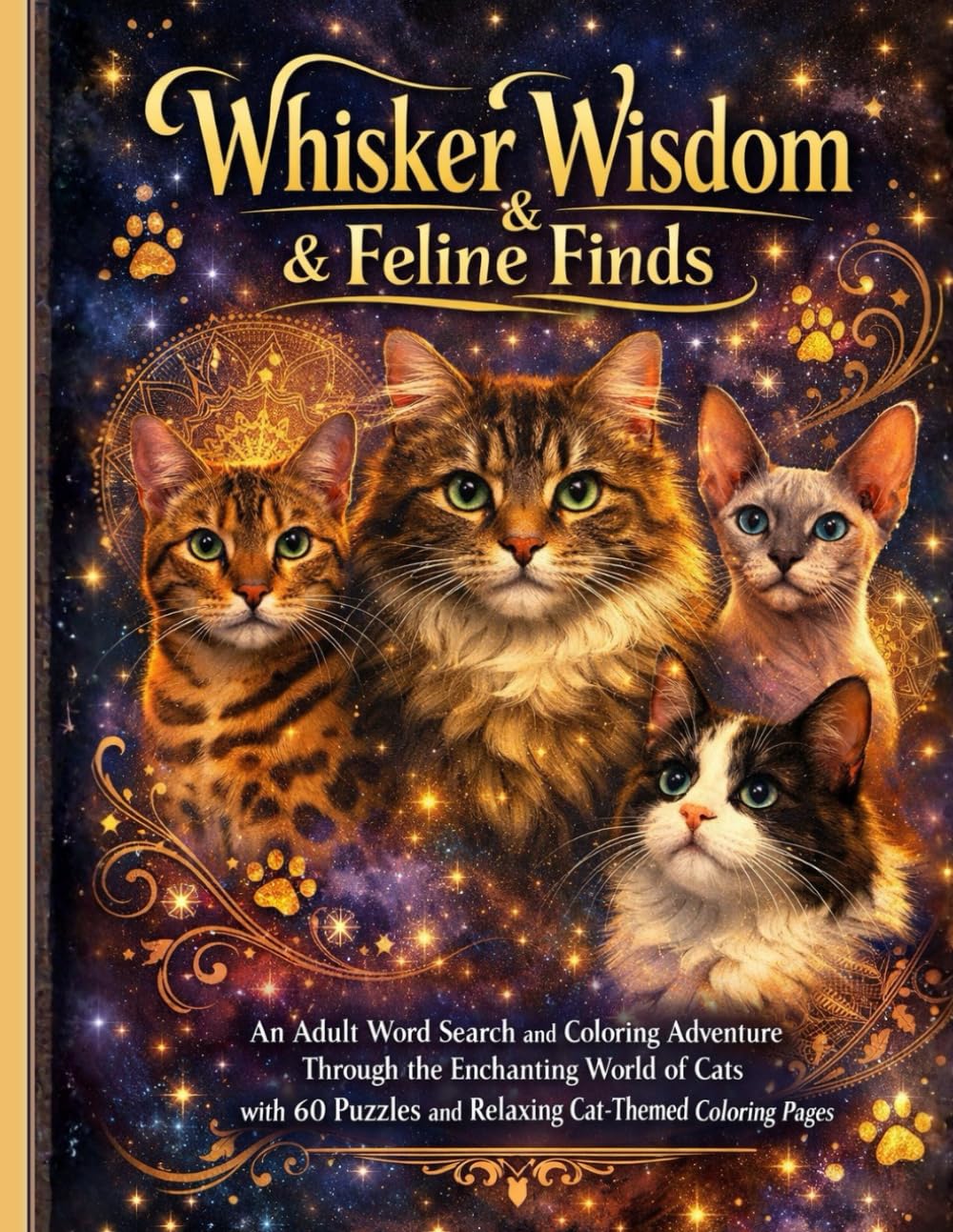 Whisker Wisdom & Feline Finds: An Adult Word Search and Coloring Adventure Through the Enchanting World of Cats with 60 Puzzles and Relaxing Cat-Themed Coloring Pages