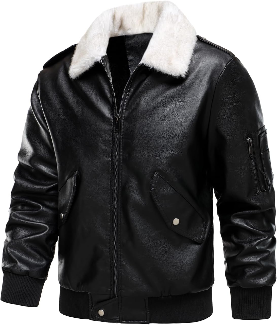HOOD CREW Men’s Faux Leather Aviator Bomber Jacket with Fur Collar Warm Fleece Lined Biker Jackets Vintage Winter Coats - Image 2