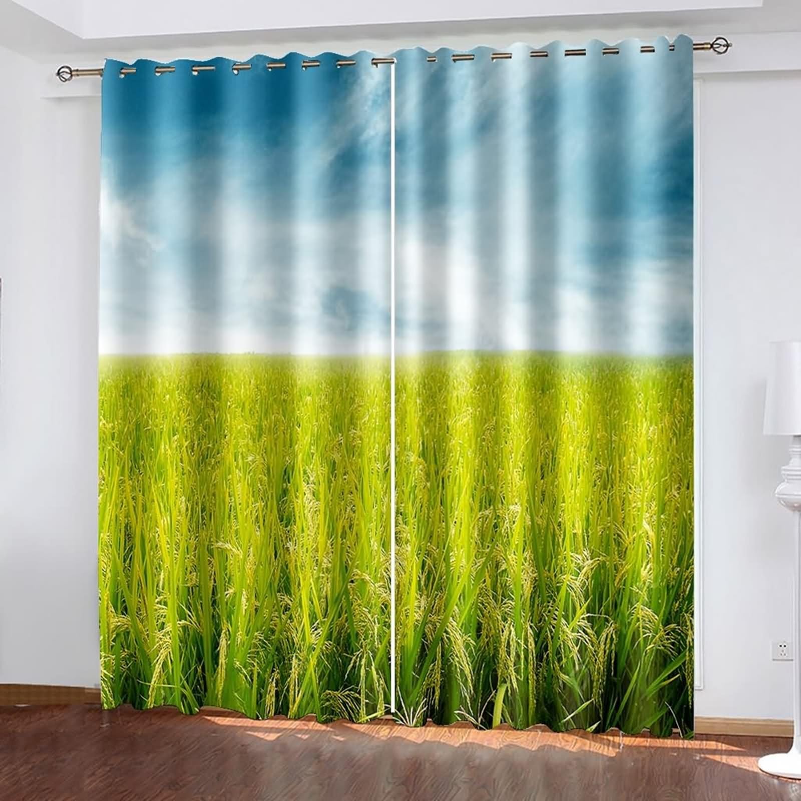 Zasłony kuchenne, zasłony na drzwi przesuwne kuchnia niebieskie zielone niebo i pole ryżowe poliester 2 panele 213 x 213 cm
