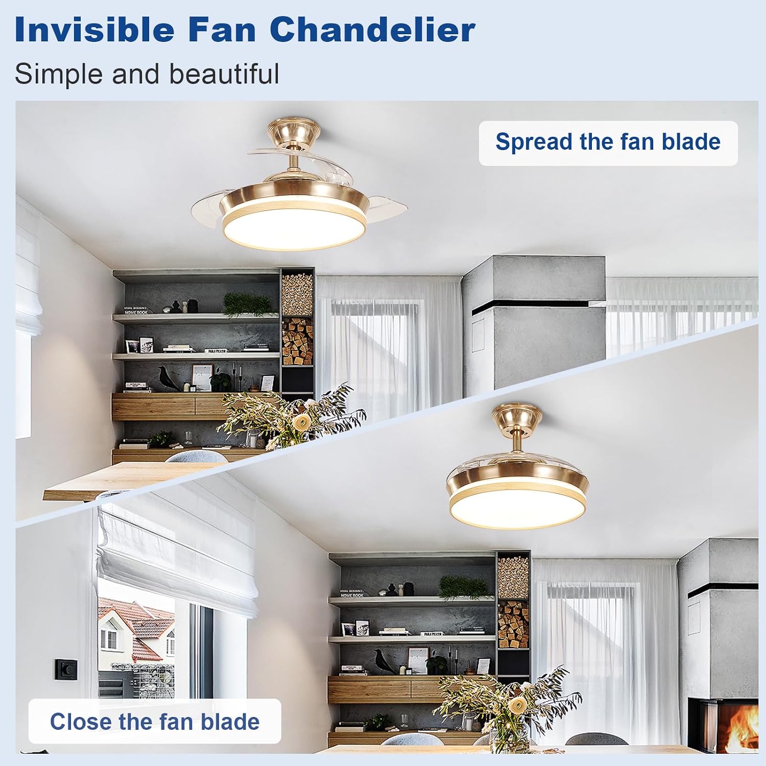 Depuley Retractable Ceiling Fans with Lights: 36 Inch Modern Chandelier Ceiling Fan with Remote & APP Control - Reversible Silent Smart Dimmable LED Fandelier for Living Room Bedroom Gold+ Wood Grain