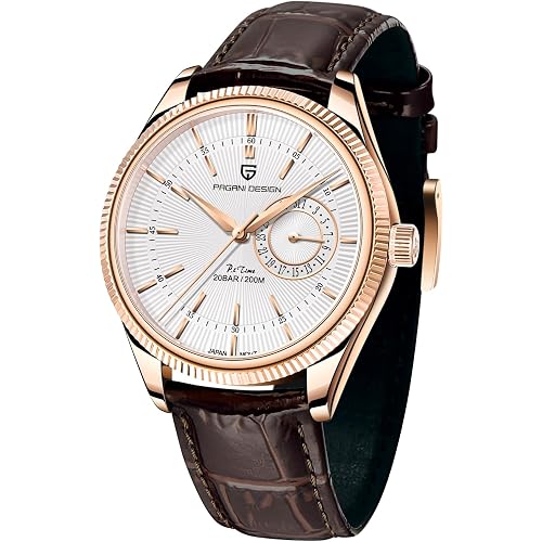 Pagani Design Men's 40mm Stainless Steel Quartz Formal Wristwatch 200M Sport Water Resistant Business Leather Watch with Date Display Relojes De Hombre