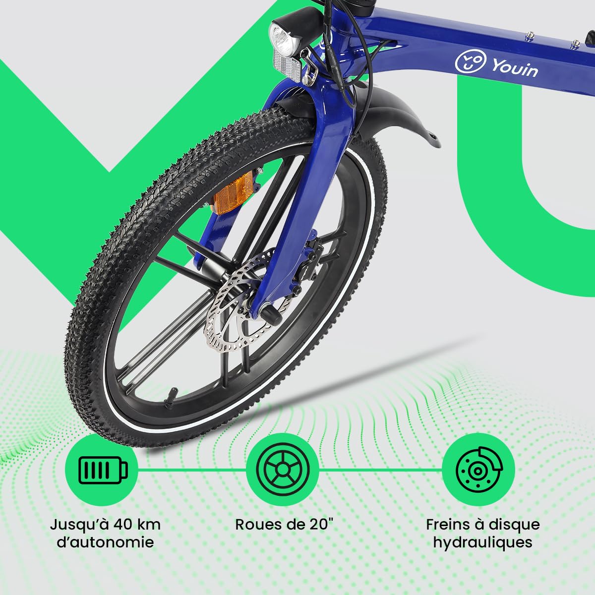 Youin Marbella Vélo électrique Pliant Urbain Bleu 20 Pouces Moteur 250W Batterie intégrée 36V autonomie 40 km Freins hydrauliques 7 Vitesses léger Compact.