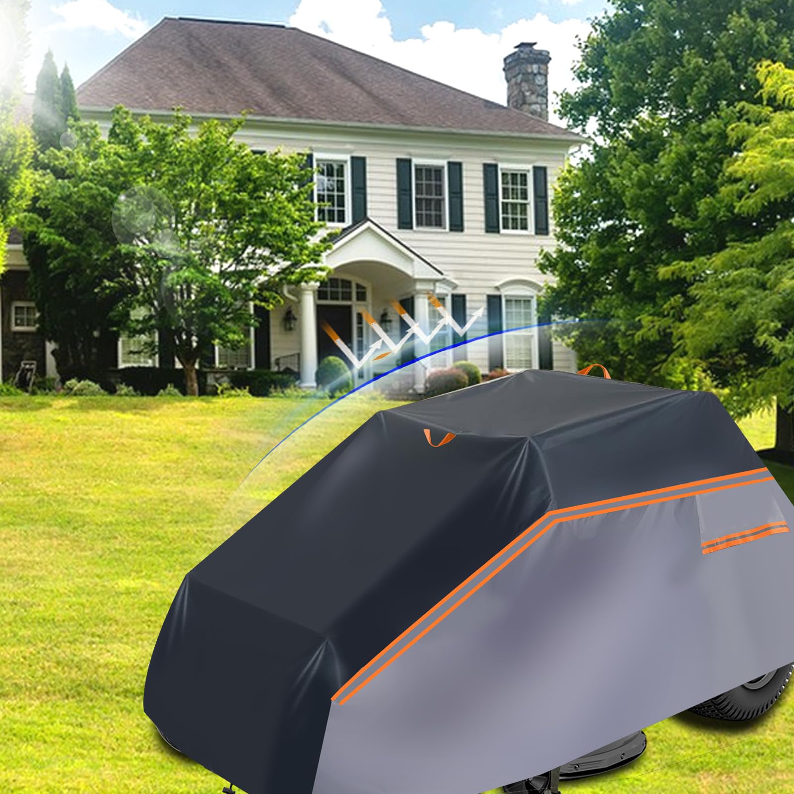 Funda para tractor de césped 600D, 201 x 140 x 117 cm, impermeable, resistente al polvo, resistente a los rayos UV, para jardín, cortacésped, tractor, con cordones y bolsa protectora para todas las