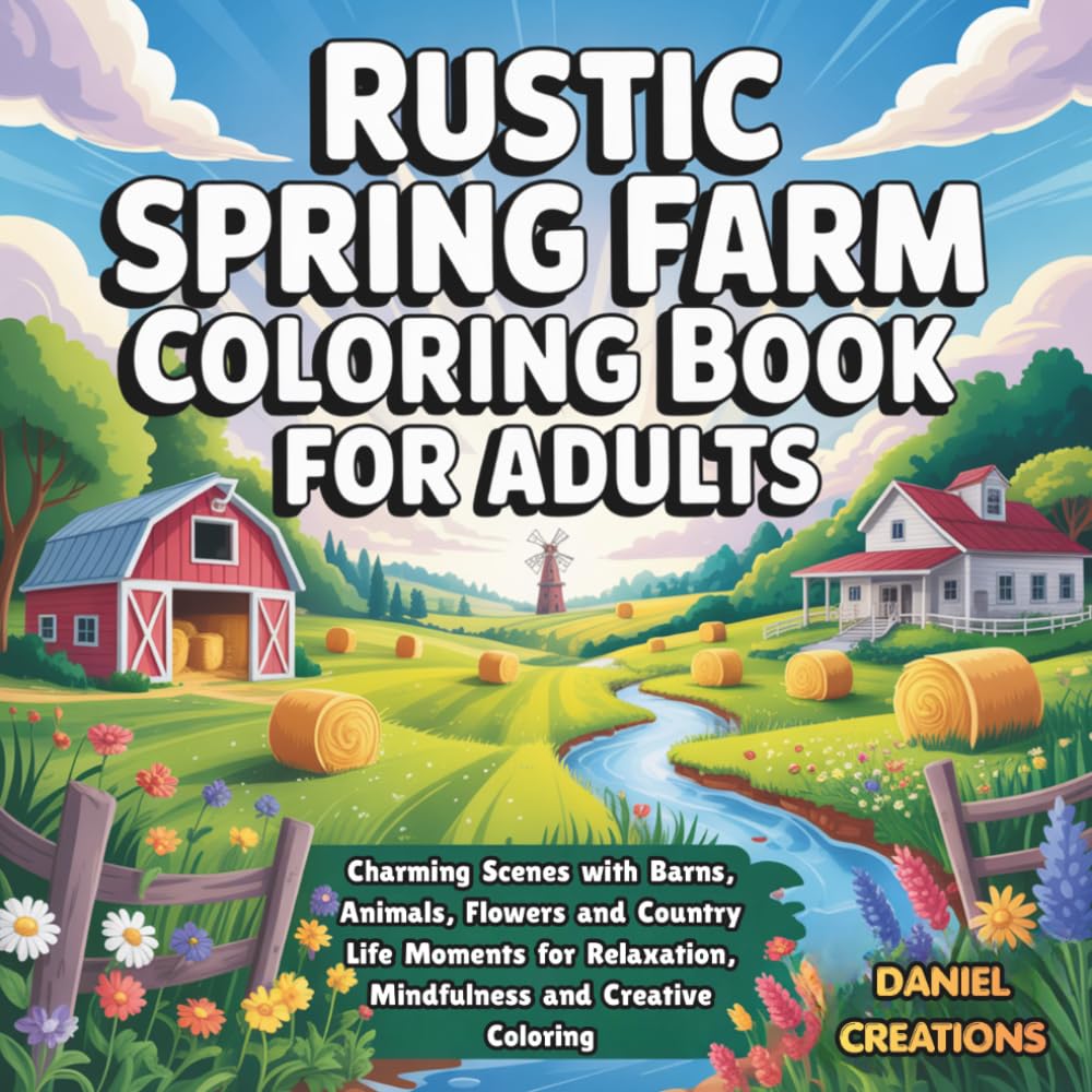 Rustic Spring Farm Coloring Book for Adults: Charming Countryside Scenes with Barns, Animals, Flowers and Peaceful Rural Life