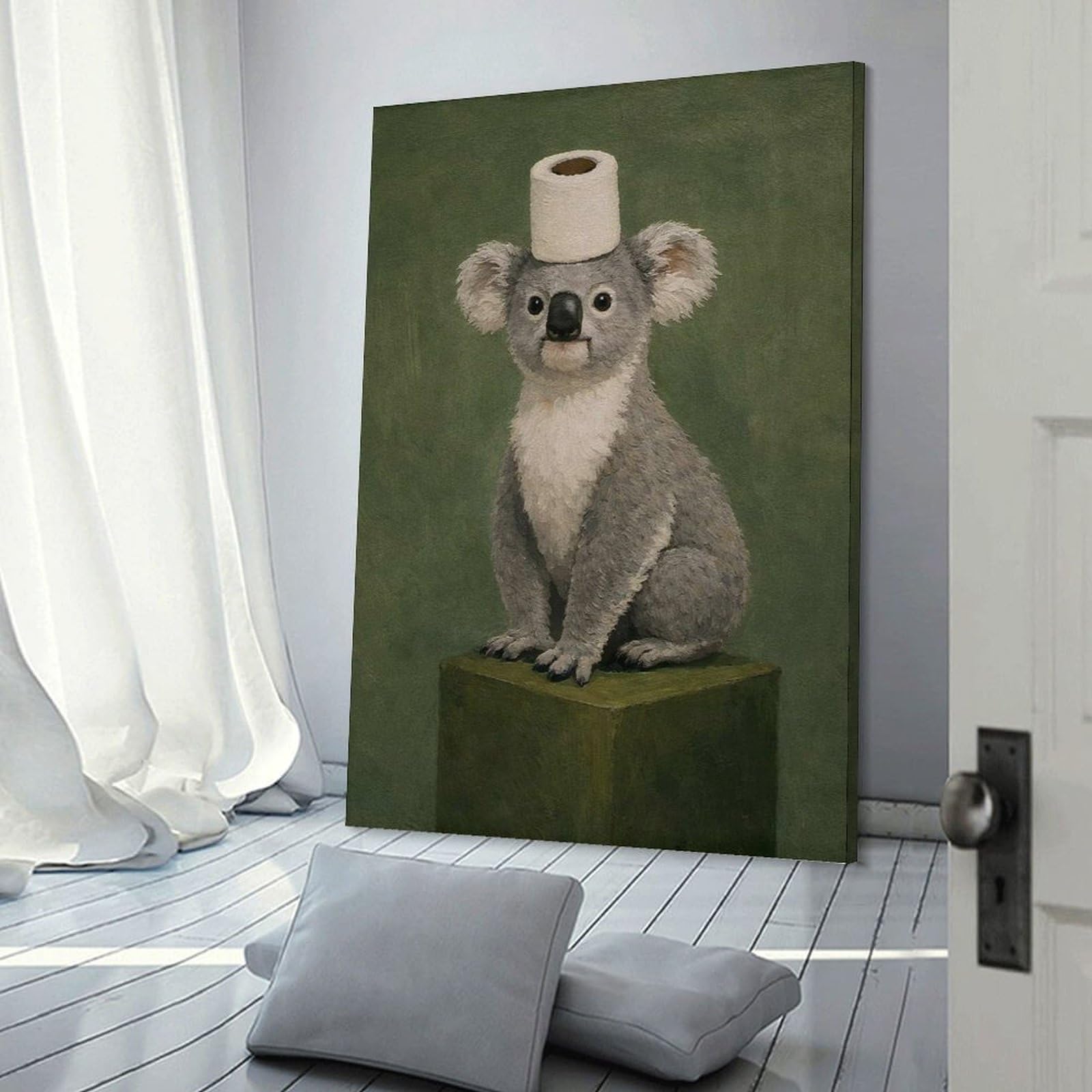 Junmoney Frame-Style-11 Koala Wearing Toilet Paper Hat Canvas Wall Decor 20X30inch(50X75cm), For Study, Office Or Focused Interiors, Wall Art That Adds Style To Work Areas