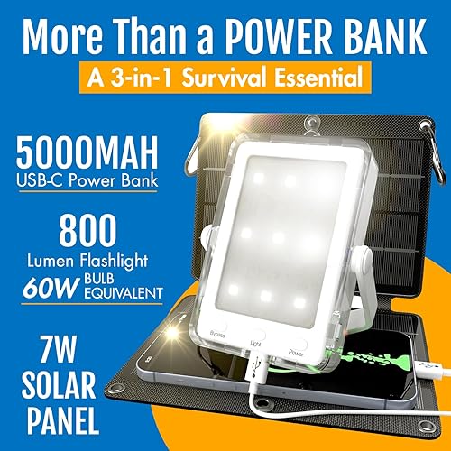 Miniatura 2 de PRAANA Kit de supervivencia solar 3 en 1  Linterna de emergencia, banco de energía USB-C de 5000 mAh y panel de 7 W  Mantente iluminado en apagones