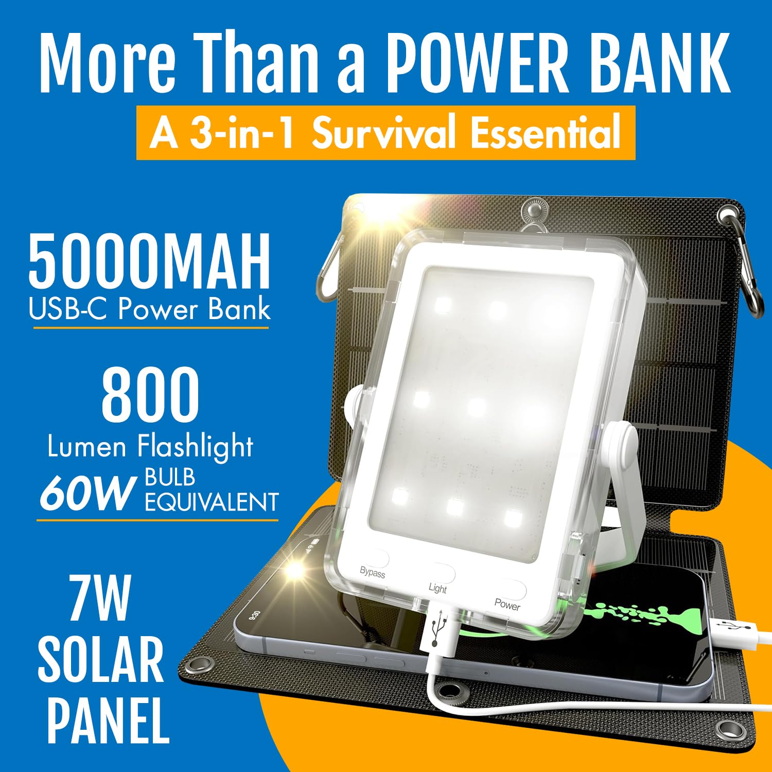 PRAANA Kit de supervivencia solar 3 en 1, linterna de emergencia con banco de energía USB-C de 5000 mAh y panel solar de 7 W para cortes de energía, campamento y preparación para emergencias