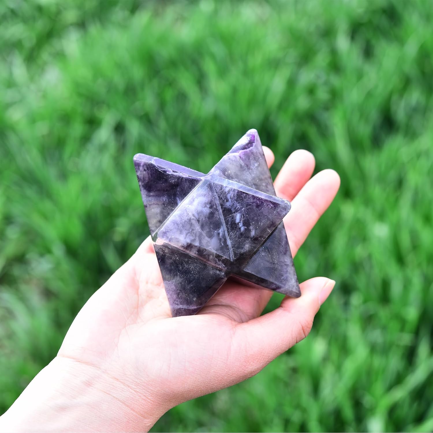 JIC Gem Large Merkaba Healing Crystal Natural Colourful Fluorite Merkaba Crystal Grid Home Decor Spiritual Gifts Reiki 3D Star Dodecahedron (10-11cm)