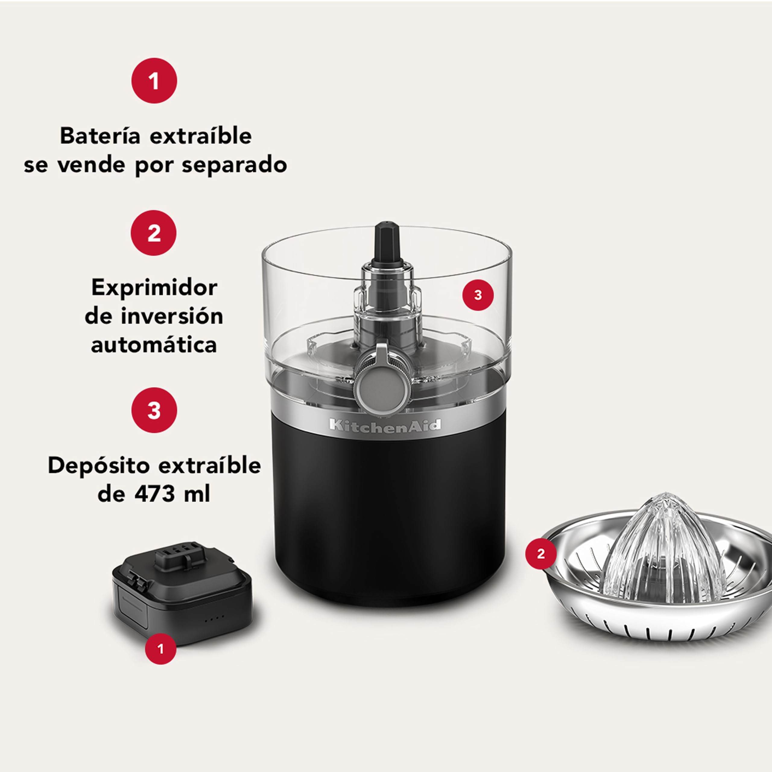 KitchenAid Go Exprimidor Inalámbrico, Cabezal Reversible Automático, Recipiente 473ml Sin BPA, Apto Lavavajillas, Naranja, Limón y Lima, Batería No Incluida, Negro Mate