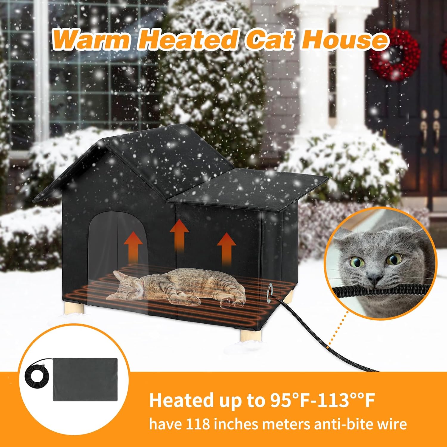 Large Heated Cat House for Outside,Elevated Clawsable Cats House with Cats Heating Pad Outdoor Winter,Weatherproof Warm Feral Cat Shelter with Safe Escape Door for for Multiple Pets(Black)