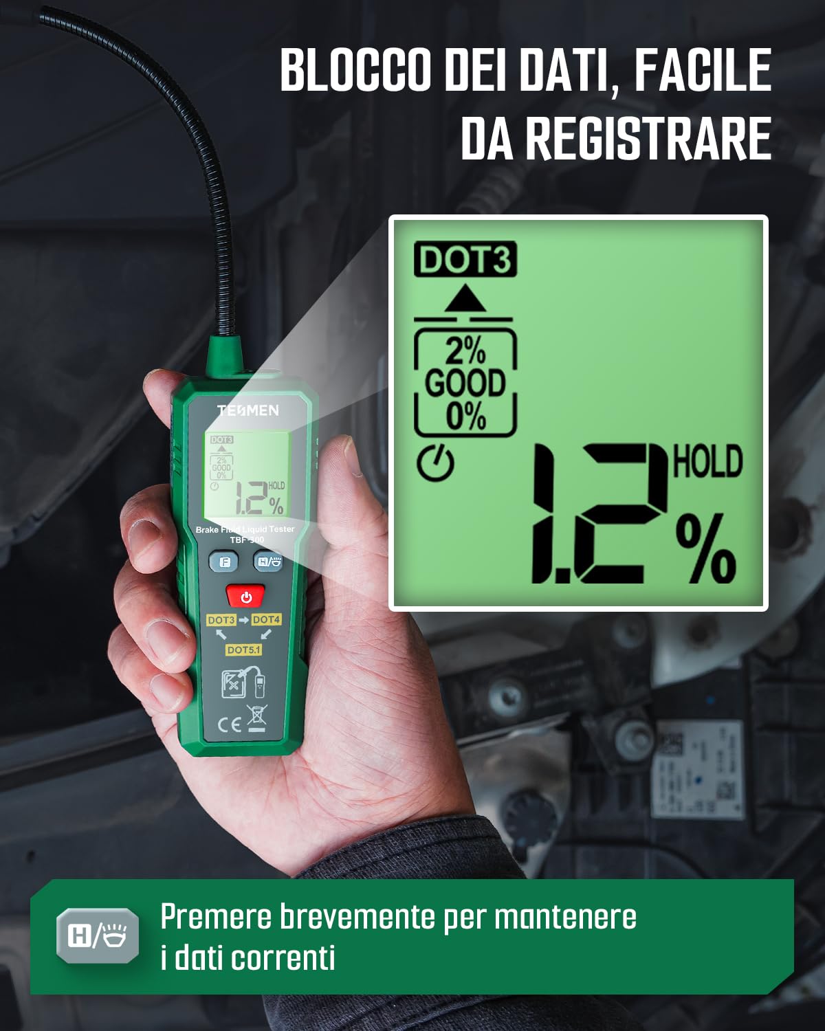 TESMEN TBF-300 Tester Liquido Freni Sonda Flessibile 8,5" Torcia Integrata Allarme Retroilluminato Compatibile DOT3 DOT4 DOT5.1