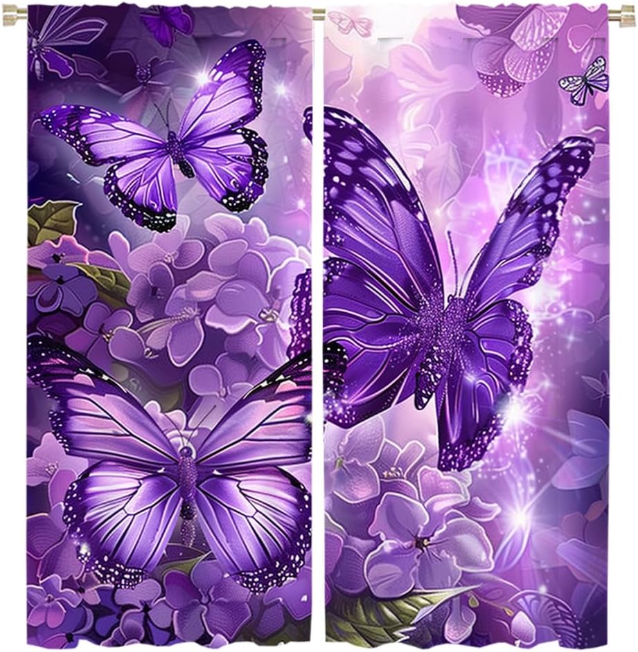 Brebasf Watercolor Purple Butterflies Blackout Curtain Fantasy Butterflies Fly Rustic Flowers Purple Butterfly Rod Pocket Window Insulating Drapes Decor for Bedroom Curtains 2 Panels 63" L x 27.5" W