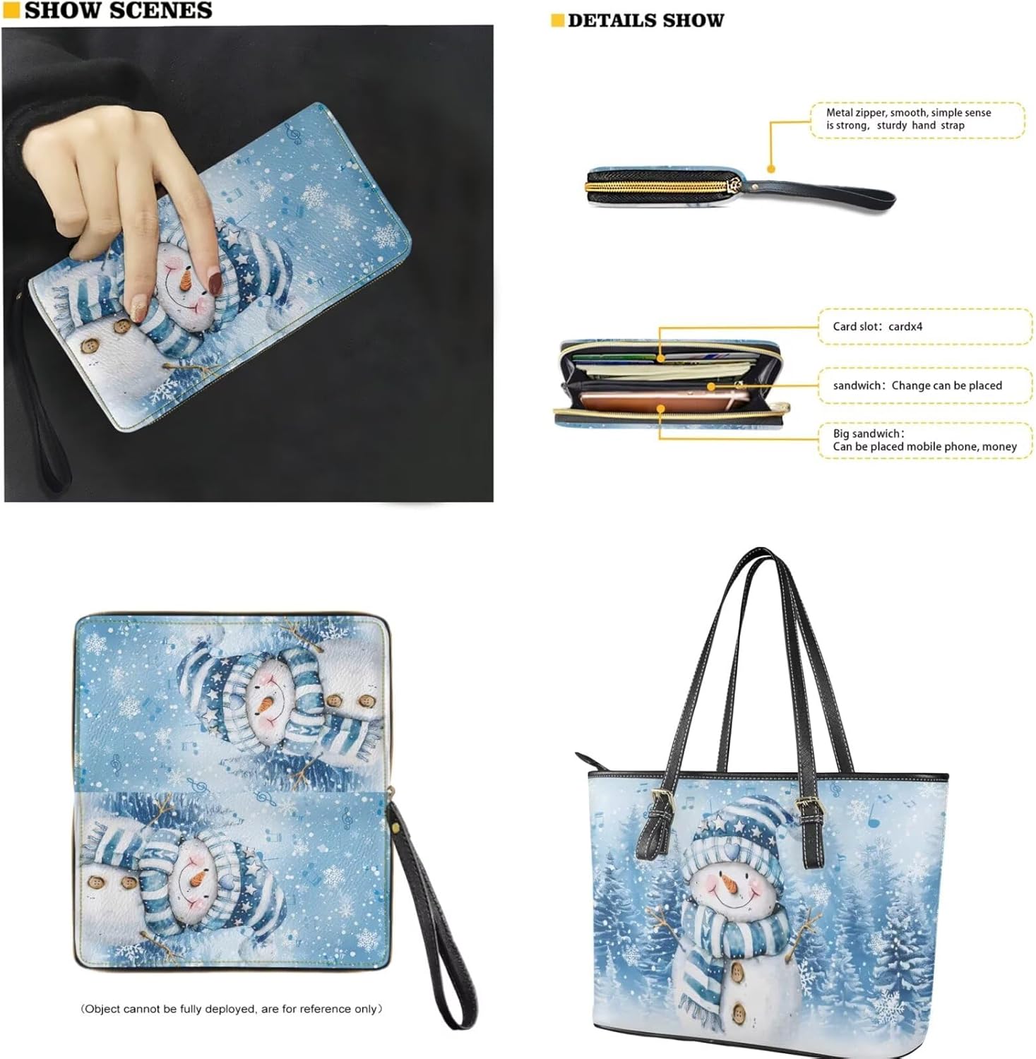 Tuoxiukan Christmas Snowman Tote Bag For Women Hobo Handbag Shoulder Purses Cute PU Leather Tote Handbag and Purse Set of 2 Christmas Purses Top Handle Bags Gifts for Ladies