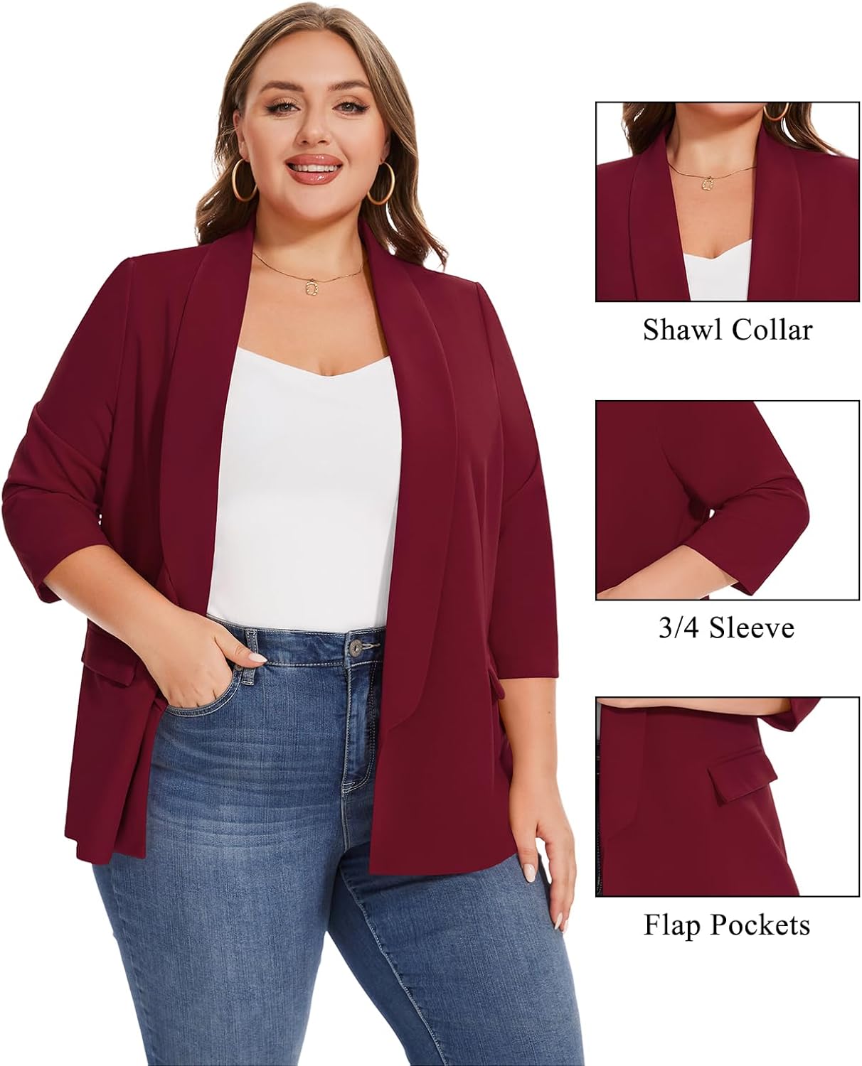 Plus Size Blazers for Women Business Casual 3/4 Sleeve Open Front Cardigan Suit Jacket Blazer with Pockets