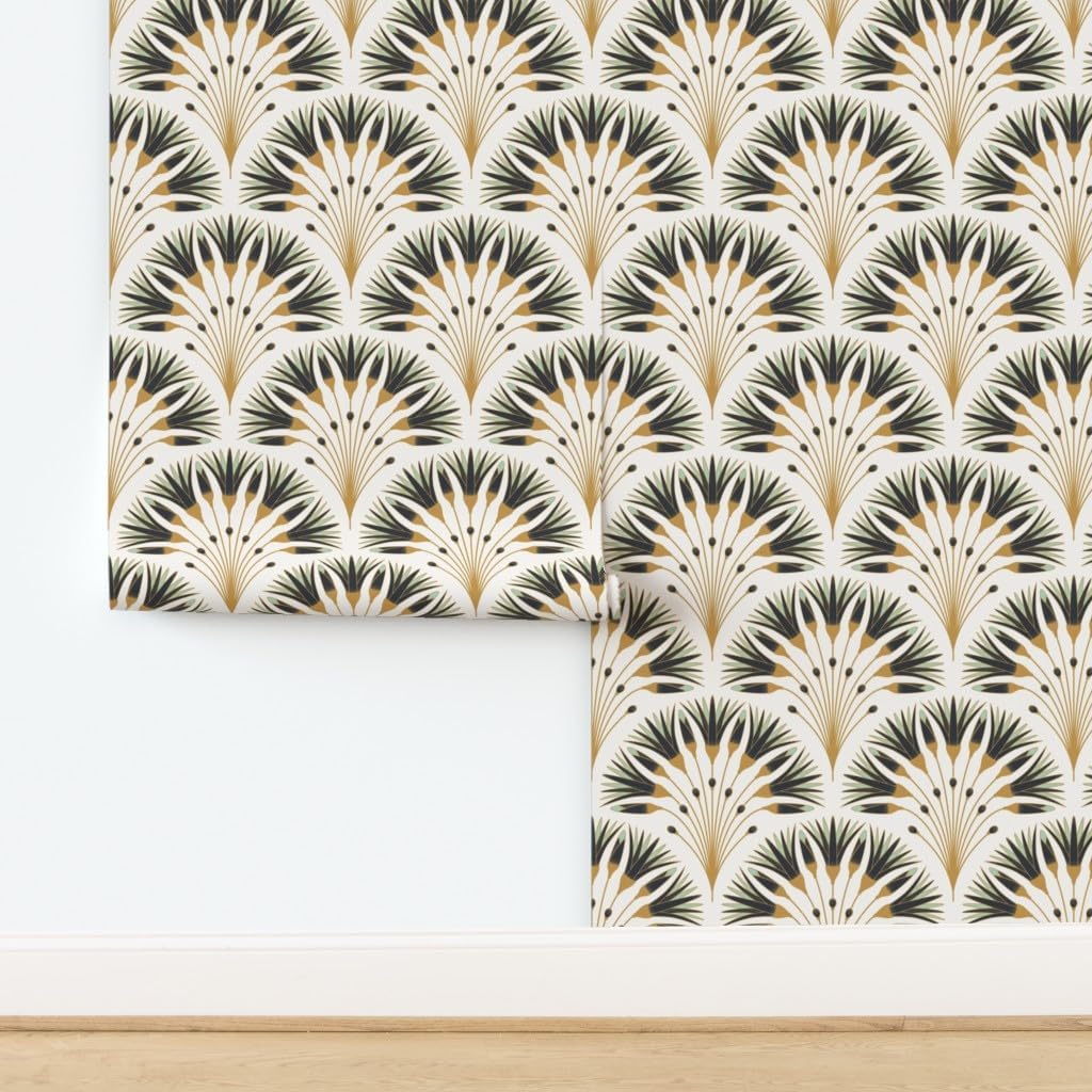 Spoonflower Peel & Stick Wallpaper 3ft x 2ft - 1920S Art Deco Flower Vintage Blue Floral Nature Gold Geometric Custom Removable Wallpaper