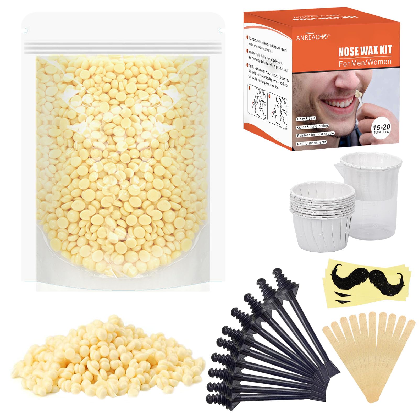 Nose Wax Kit for Men and Women, 100g Nose Hair Wax with 20 Applicators, Ear Hair Removal for Men at Home Safe Easy Quick & Painless (15-20 Times Usage)