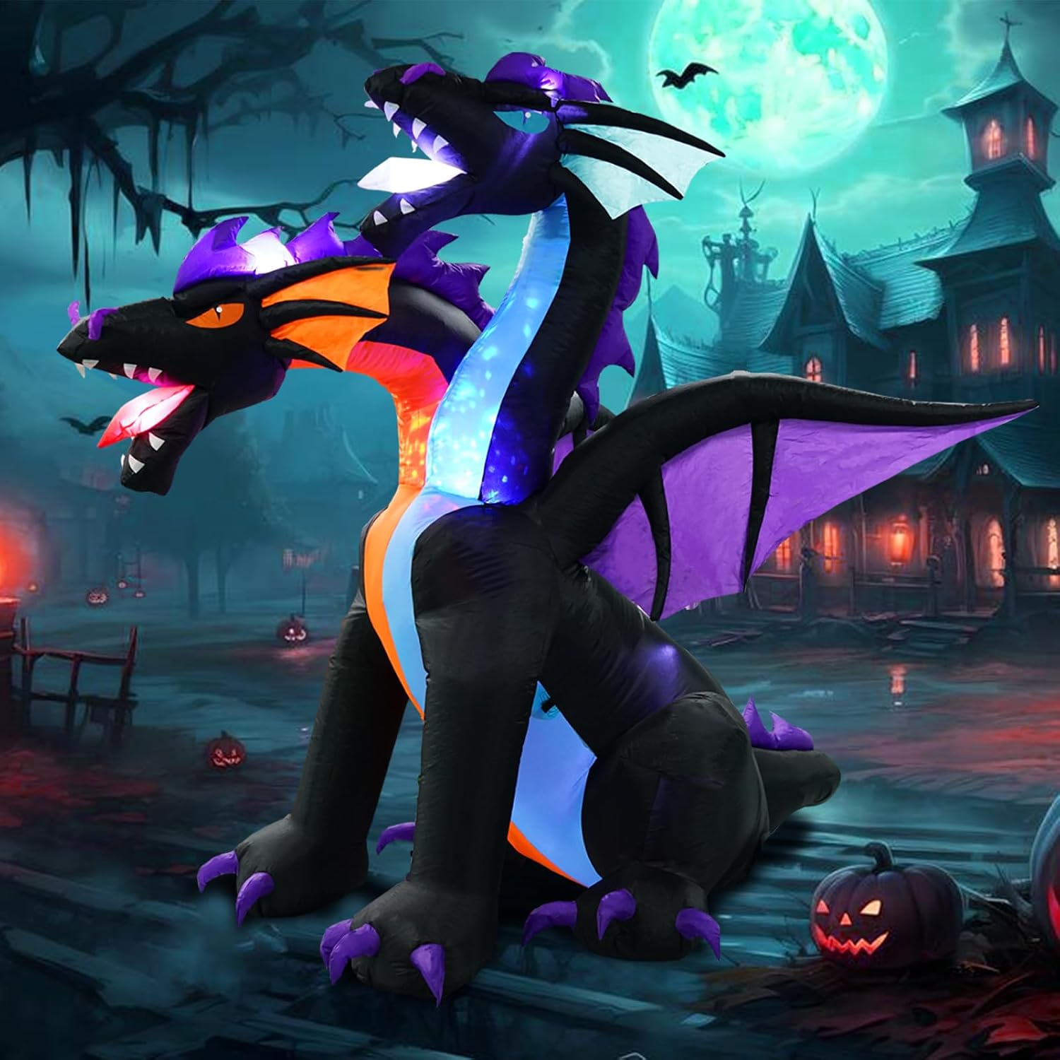 7FT Tall Halloween Inflatables Dragon with 2 Heads, Fire and Ice Blow Up Dragon Inflatables Built-in 2 Rotating Flash Lights and 5 Led Lights for Halloween Inflatable Outdoor Decoration 7FT Tall Fire and Ice Dragon