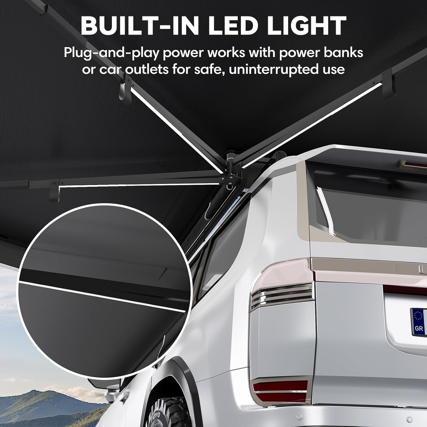 EROMMY 270 Degree Car Side Awning with Built-in LED Light, L-Shaped Side & Rear Coverage for SUV, Van, Camper and Truck, Waterproof Overland Camping Shelter