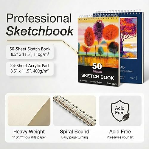 Miniatura 5 de Juego de arte de lujo de 175 piezas con 2 blocs de dibujo, pinturas acrílicas, lápices de colores, juego de pintura en estuche de madera, kit de