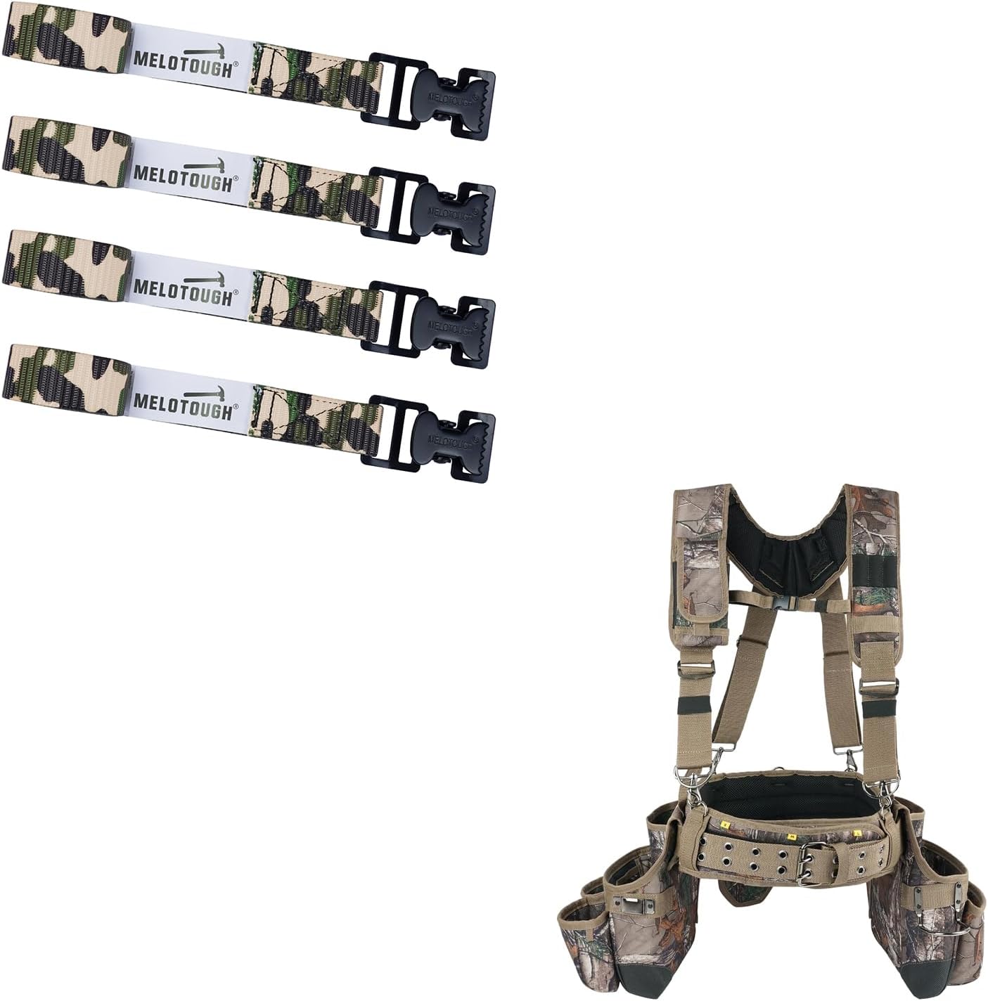 MELOTOUGH 4-Pack 4ft Camo Tree Stand Straps, Heavy Duty Ratchet & Utility Straps + Camo Tool Belt with Suspenders Camouflage Tool Bag Supenders Framers Comb Apron