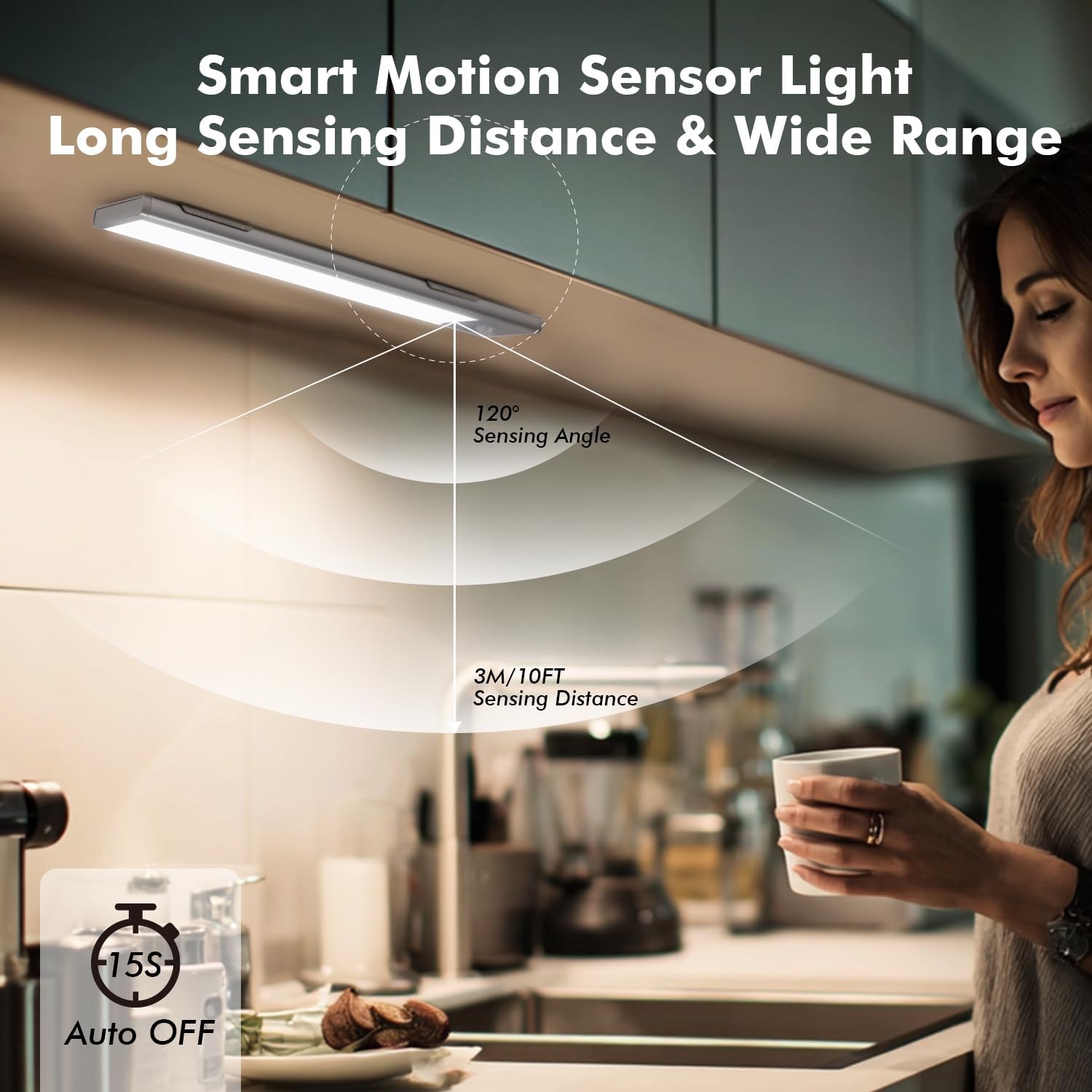 2 Pack Under Cabinet Lighting, 3 Colors & Dimmable Motion Sensor Light Indoor, 900mAh Rechargeable Under Cabinet Lighting Magnetic for Kitchen, Stairs, Closets, Silver(Aluminum Alloy+ABS +PC)