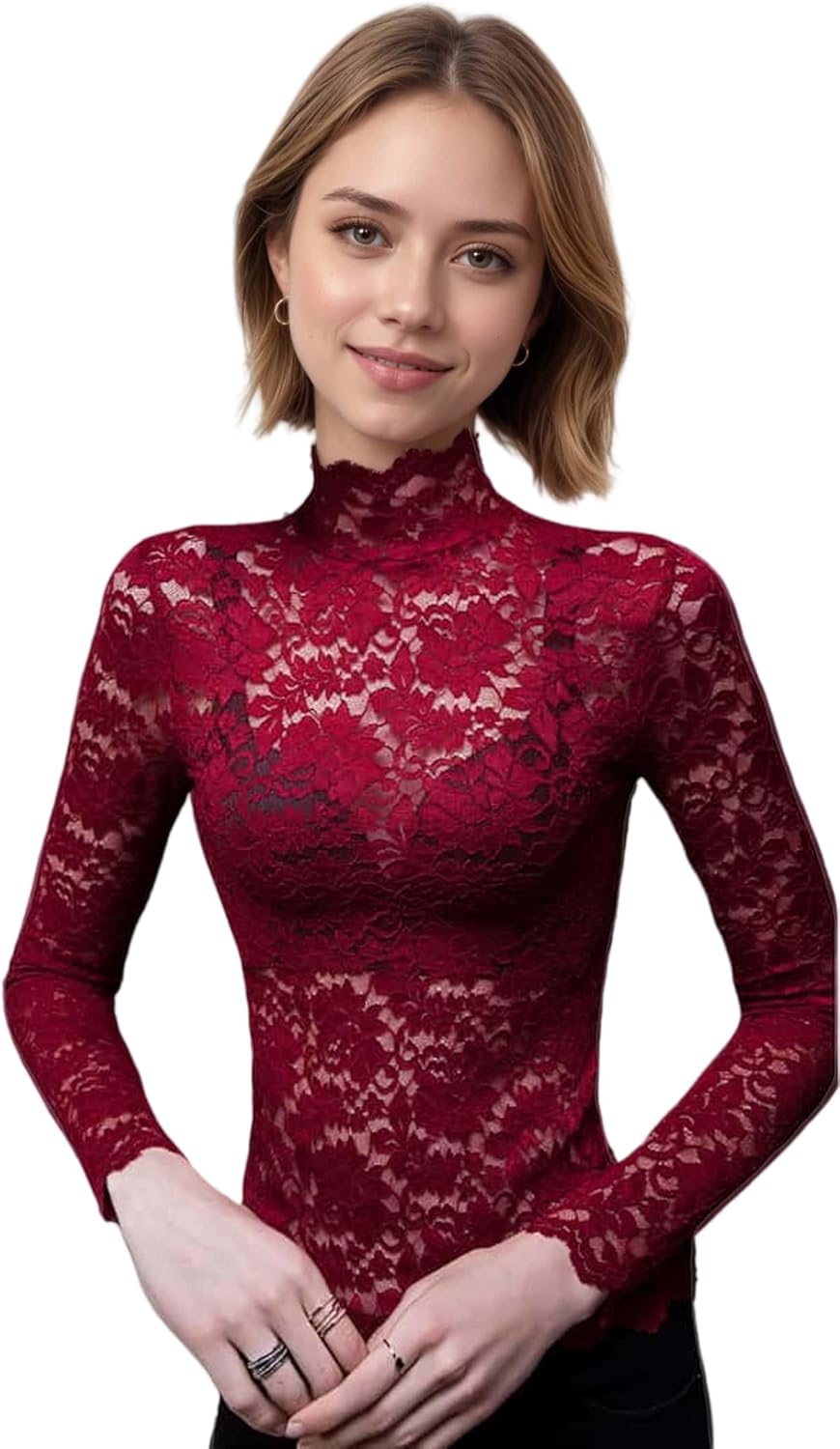 Women's Sexy Slim Fitting Long Sleeved Turtleneck Pullover Bottom Shirt Mesh Lace Perspectives T-Shirt Top - Image 9