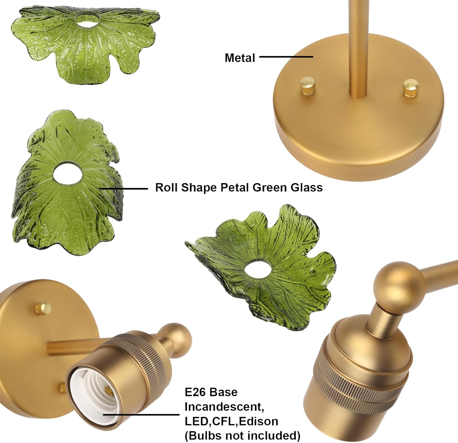 Yosoan Brass Gold Retro Glass Wall Sconce with Green Flower Shade, 1-Light Antique Indoor Vanity Vintage Boho Wall Mounted Hardwired Fixture for Kitchen Bedroom Living Room Bathroom