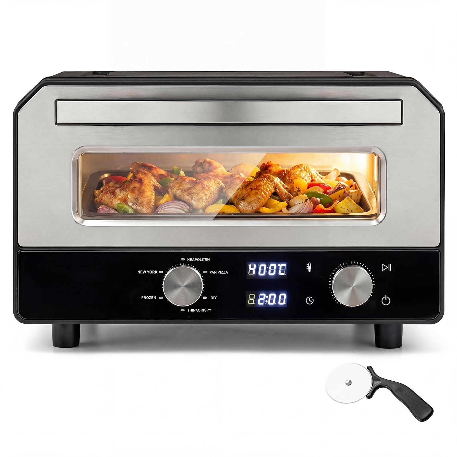 LIFEZEAL Forno Elettrico per Pizza, Forno da Tavolo con 6 Programmi, Cottura in 2 Minuti, Temperatura e Tempo Regolabili, Macchina da Tavolo per Pizza a 400℃ con Pietra e tagliapizza a rotella