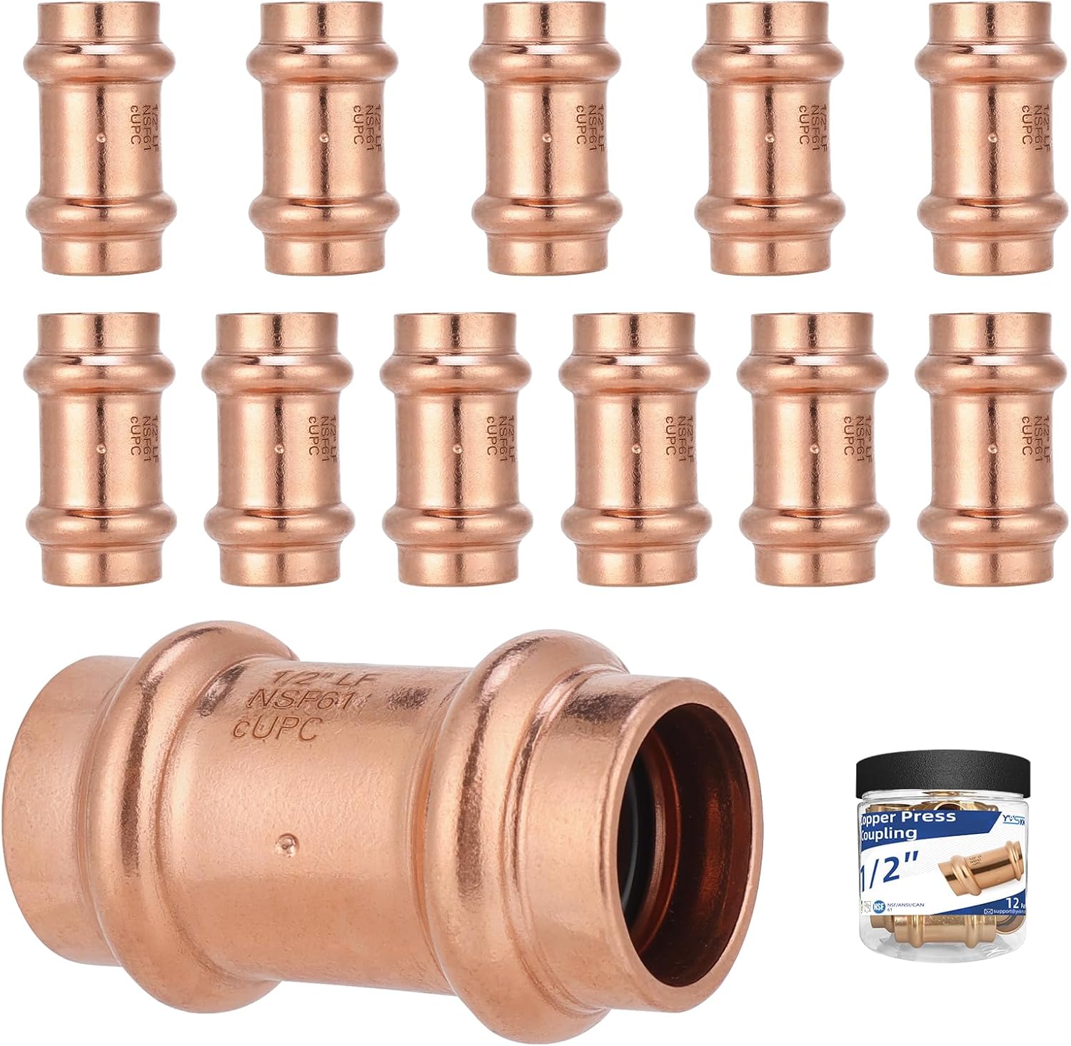 (12 Pack YVSKM) 1/2" Press Coupling with Stop, Lead-Free Fittings for 1/2 Inch Copper Pipe, Durable No-Solder Connection for Water, Heating, and Cooling Systems, Corrosion-Resistant Pipe Connector